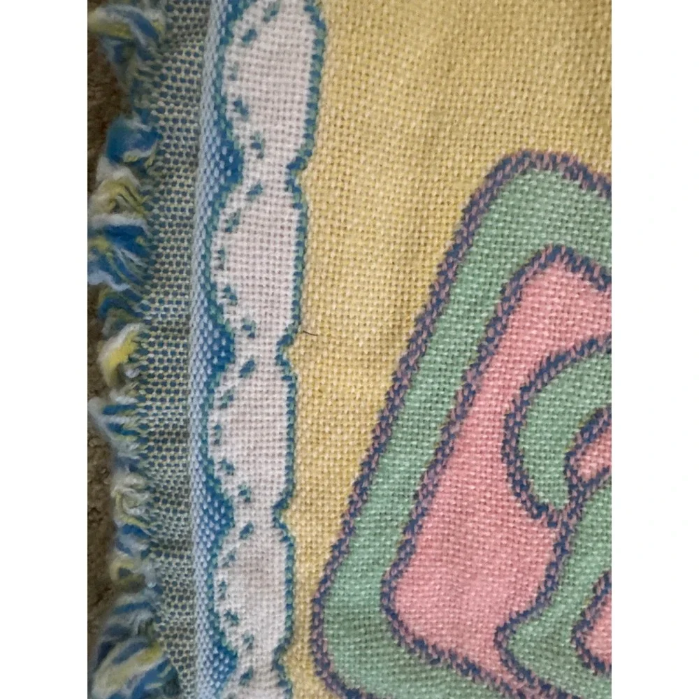 Vintage Precious Moments Baby Blanket Woven Tapestry Reversible Yellow Teal